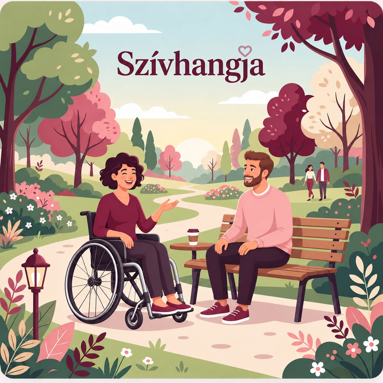 Kedves hangulatú grafika egy virágos parkról, ahol egy kerekesszékes nő és egy padon ülő férfi beszélget, a kép tetején a „Szívhangja” felirattal.